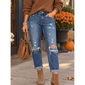 Old Navy Mid Rise Boyfriend Jeans Size 6 Distressed Ripped Medium Wash Denim
